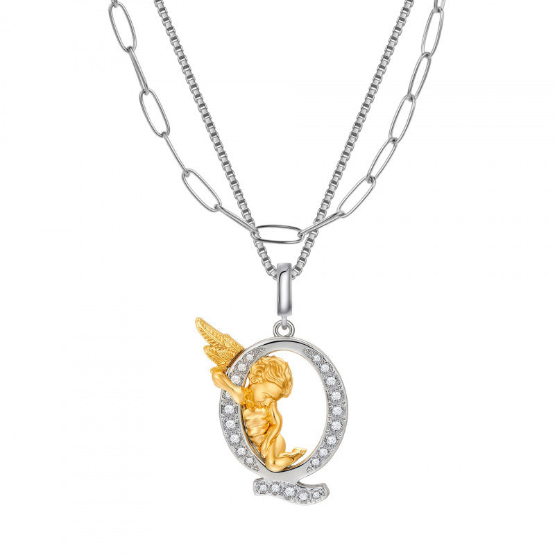 Multicolor Layered Letter Necklaces For Unisex Featuring Copper Pendant With Zircon Inlay On Paperclip Chain