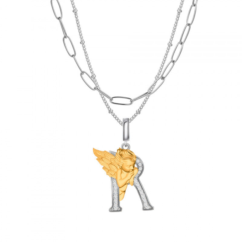 Multicolor Layered Letter Necklaces For Unisex Featuring Copper Pendant With Zircon Inlay On Paperclip Chain
