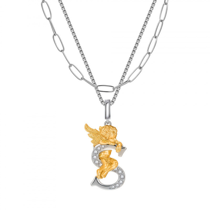 Multicolor Layered Letter Necklaces For Unisex Featuring Copper Pendant With Zircon Inlay On Paperclip Chain