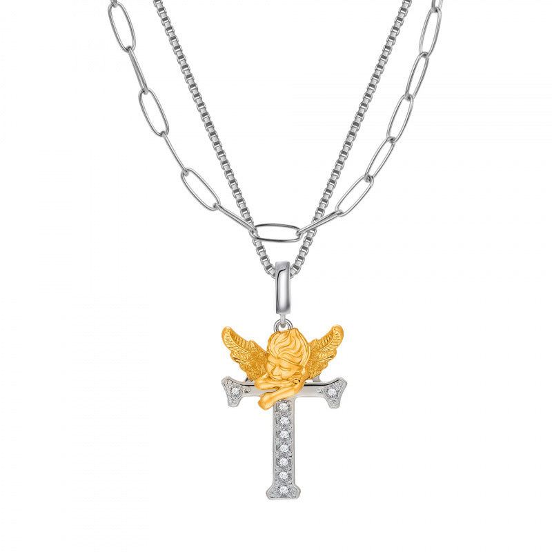 Multicolor Layered Letter Necklaces For Unisex Featuring Copper Pendant With Zircon Inlay On Paperclip Chain