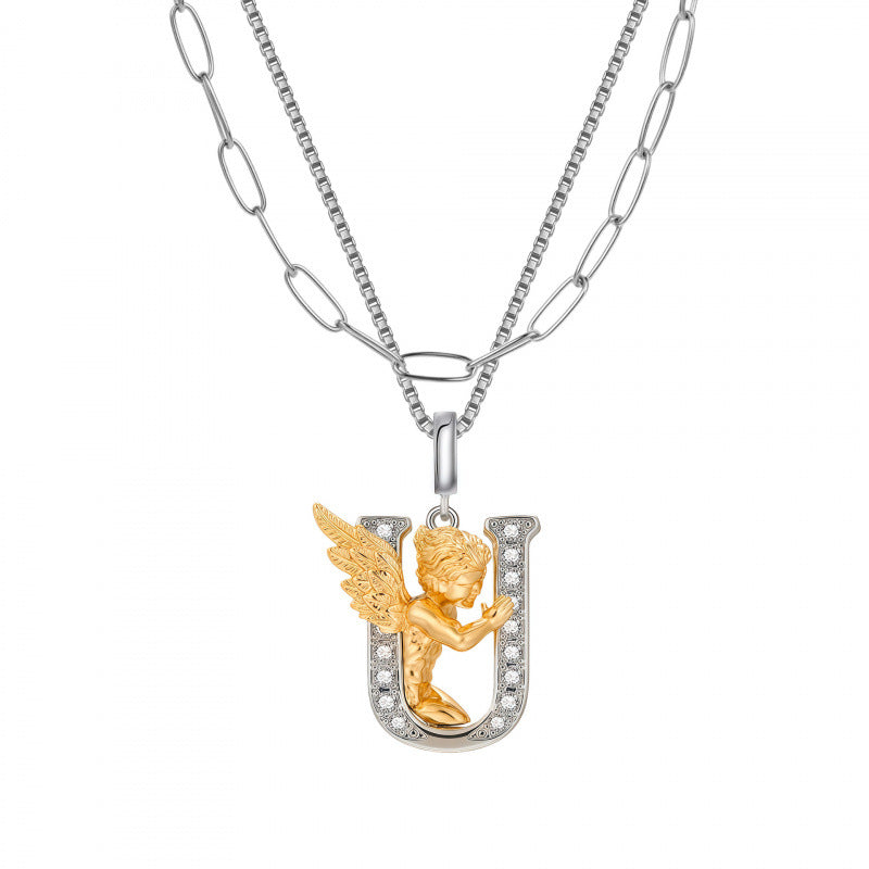 Multicolor Layered Letter Necklaces For Unisex Featuring Copper Pendant With Zircon Inlay On Paperclip Chain