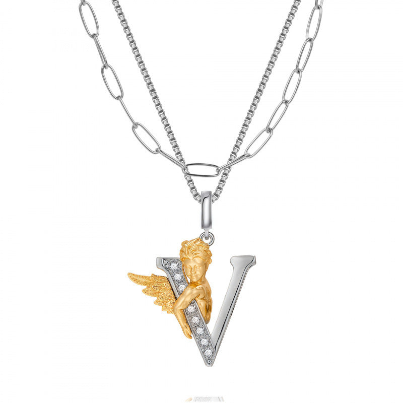 Multicolor Layered Letter Necklaces For Unisex Featuring Copper Pendant With Zircon Inlay On Paperclip Chain