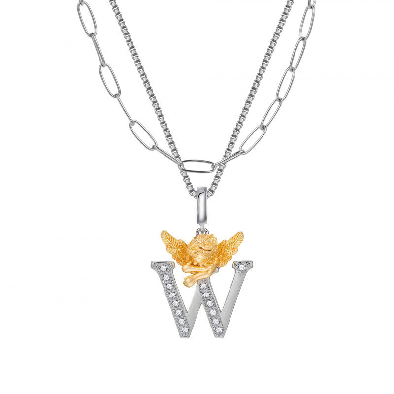 Multicolor Layered Letter Necklaces For Unisex Featuring Copper Pendant With Zircon Inlay On Paperclip Chain