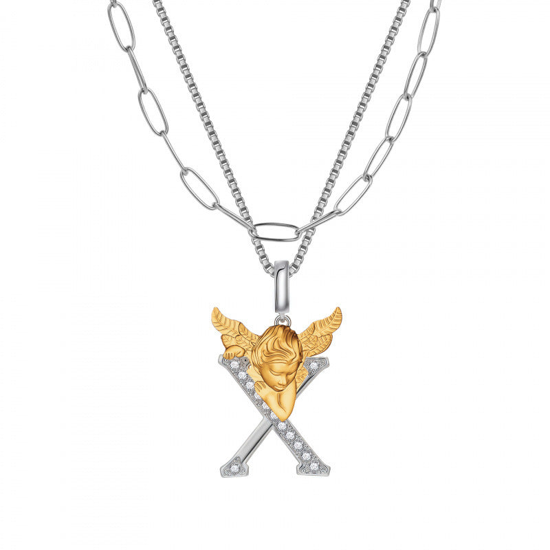 Multicolor Layered Letter Necklaces For Unisex Featuring Copper Pendant With Zircon Inlay On Paperclip Chain