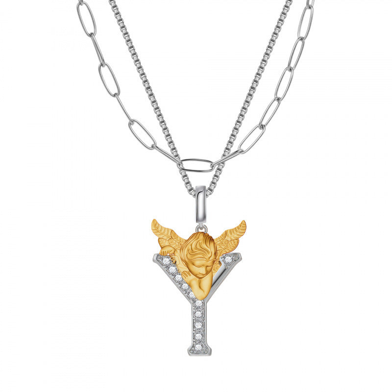 Multicolor Layered Letter Necklaces For Unisex Featuring Copper Pendant With Zircon Inlay On Paperclip Chain