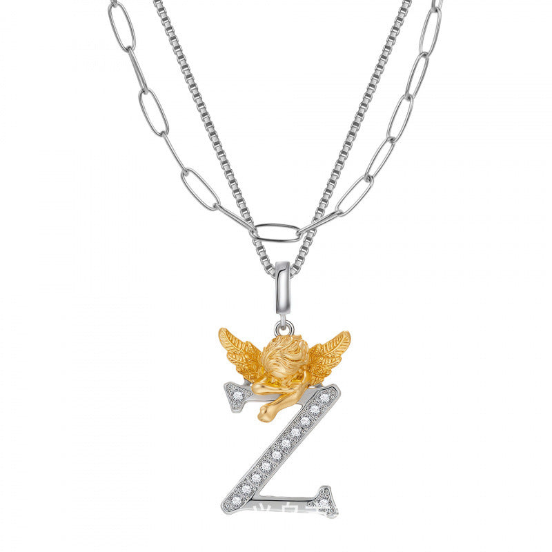 Multicolor Layered Letter Necklaces For Unisex Featuring Copper Pendant With Zircon Inlay On Paperclip Chain