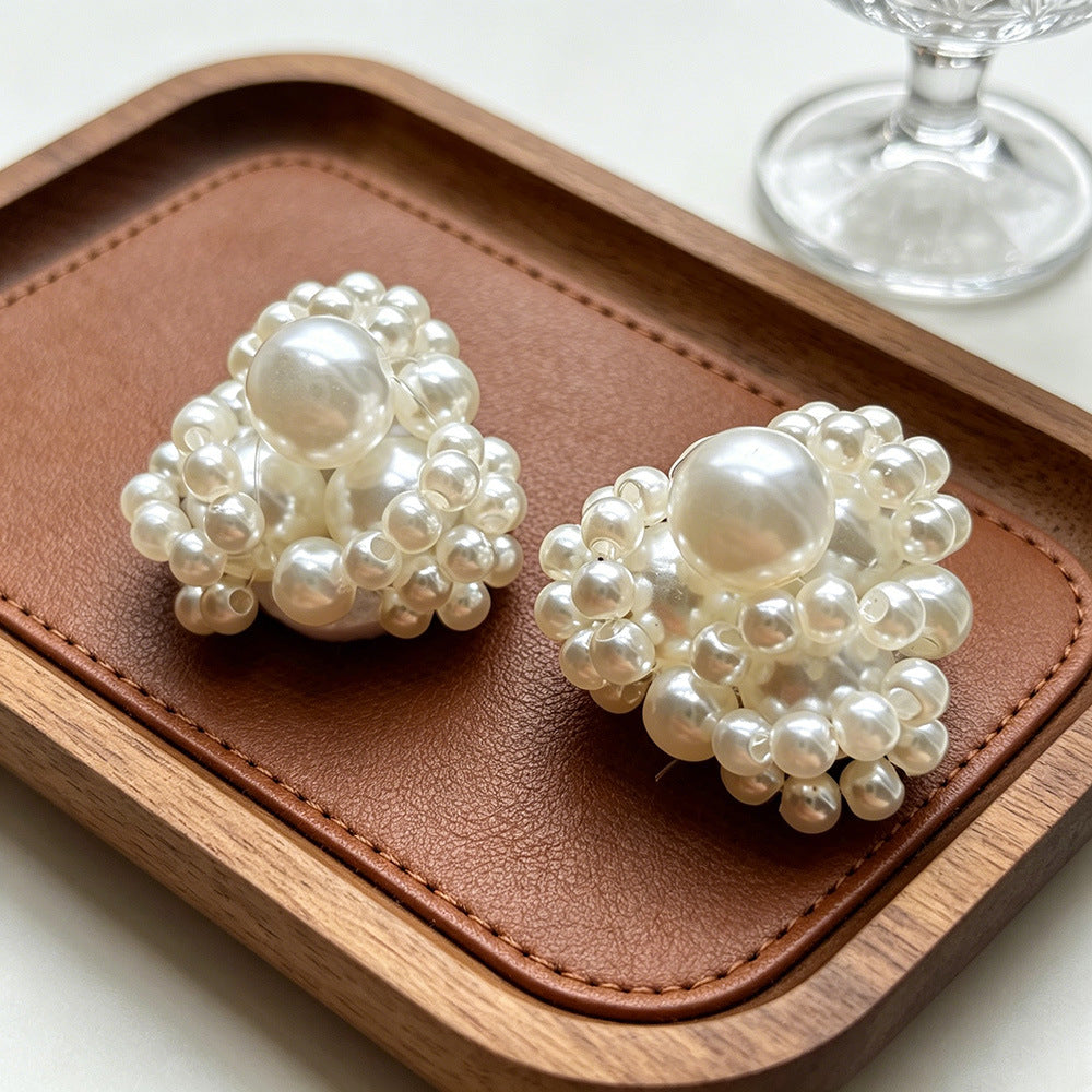 Luxurious Handmade Flowers Clip Earrings For Women With Imitation Pearl, Perfect For Wedding