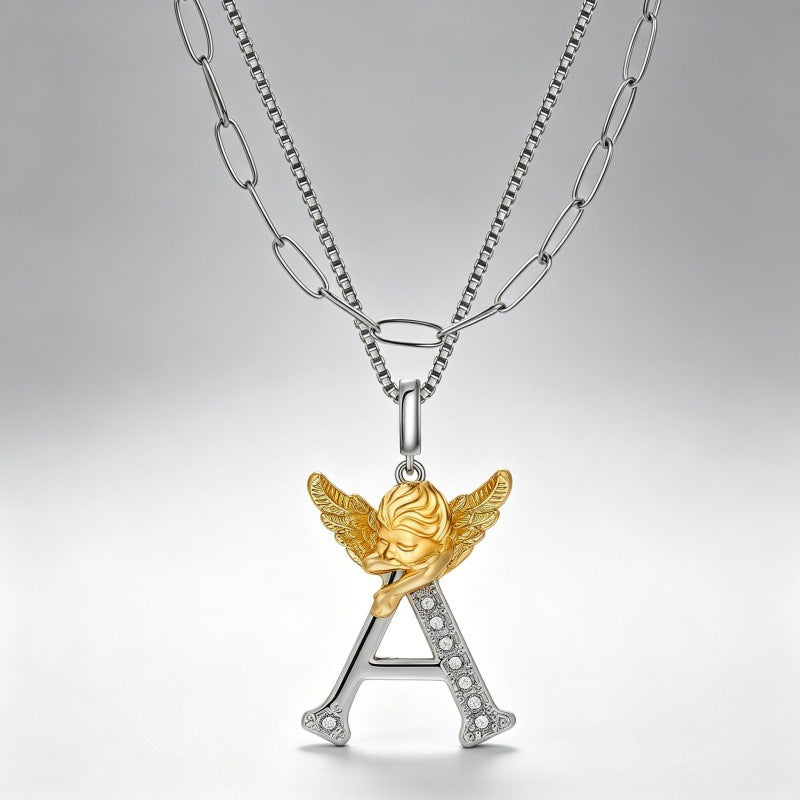 Multicolor Layered Letter Necklaces For Unisex Featuring Copper Pendant With Zircon Inlay On Paperclip Chain