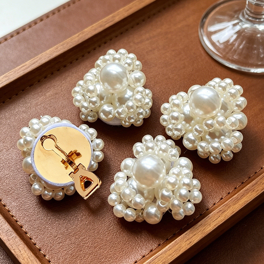 Luxurious Handmade Flowers Clip Earrings For Women With Imitation Pearl, Perfect For Wedding