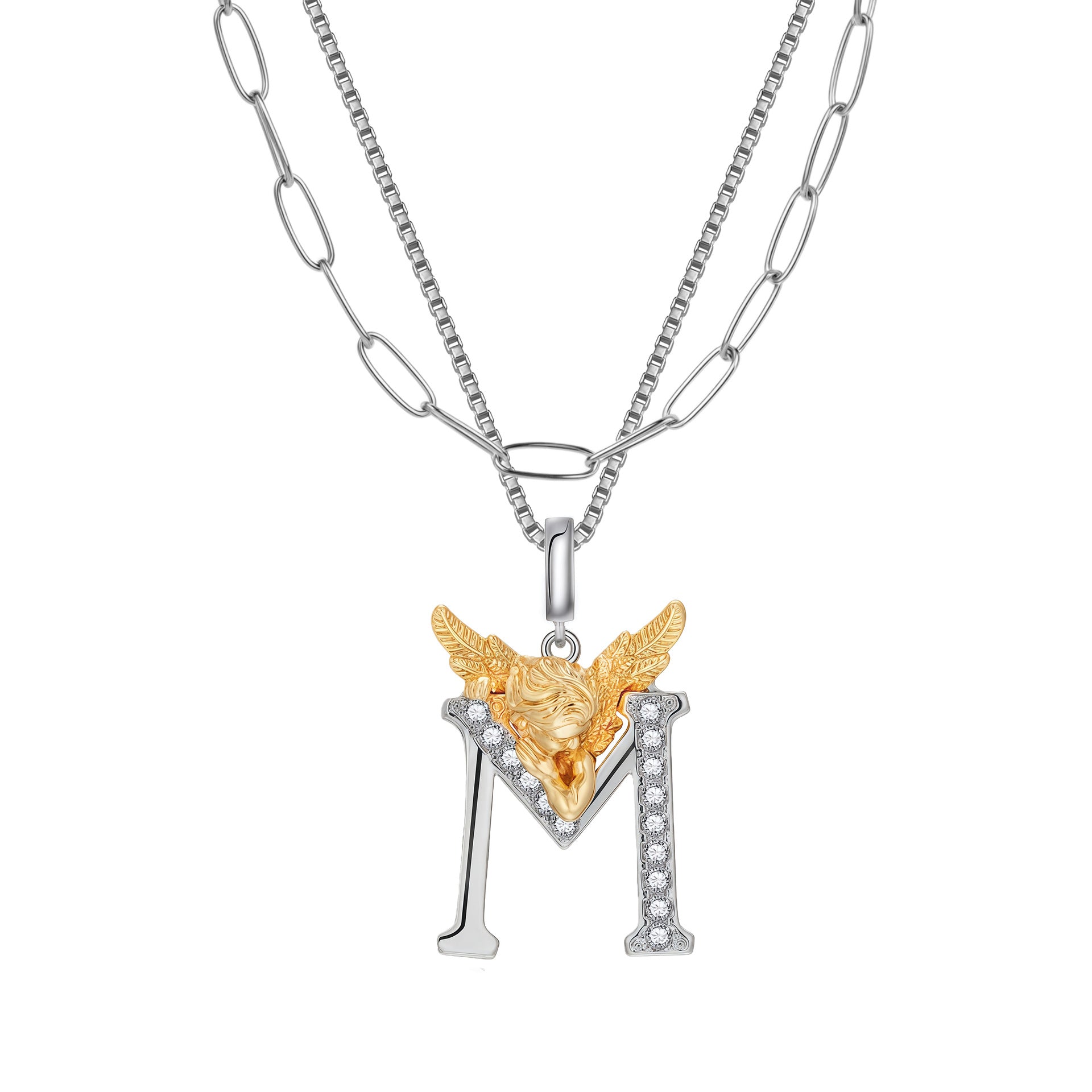 Multicolor Layered Letter Necklaces For Unisex Featuring Copper Pendant With Zircon Inlay On Paperclip Chain