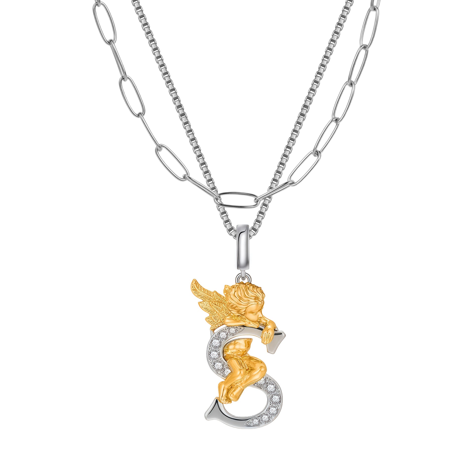 Multicolor Layered Letter Necklaces For Unisex Featuring Copper Pendant With Zircon Inlay On Paperclip Chain