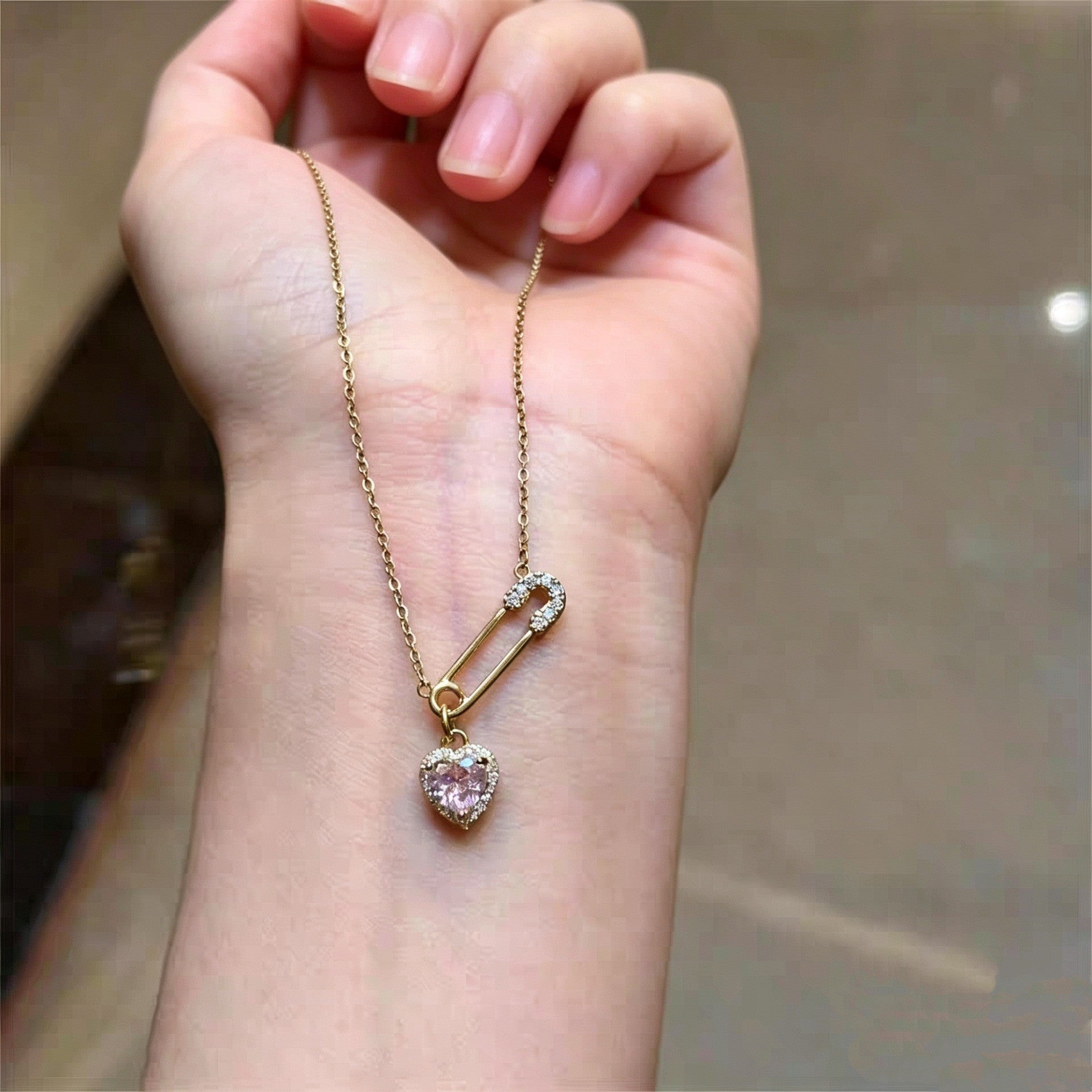 Heart Shape Necklace For Women In Natural Pink Featuring Copper Paperclip Chain And Copper Pendant