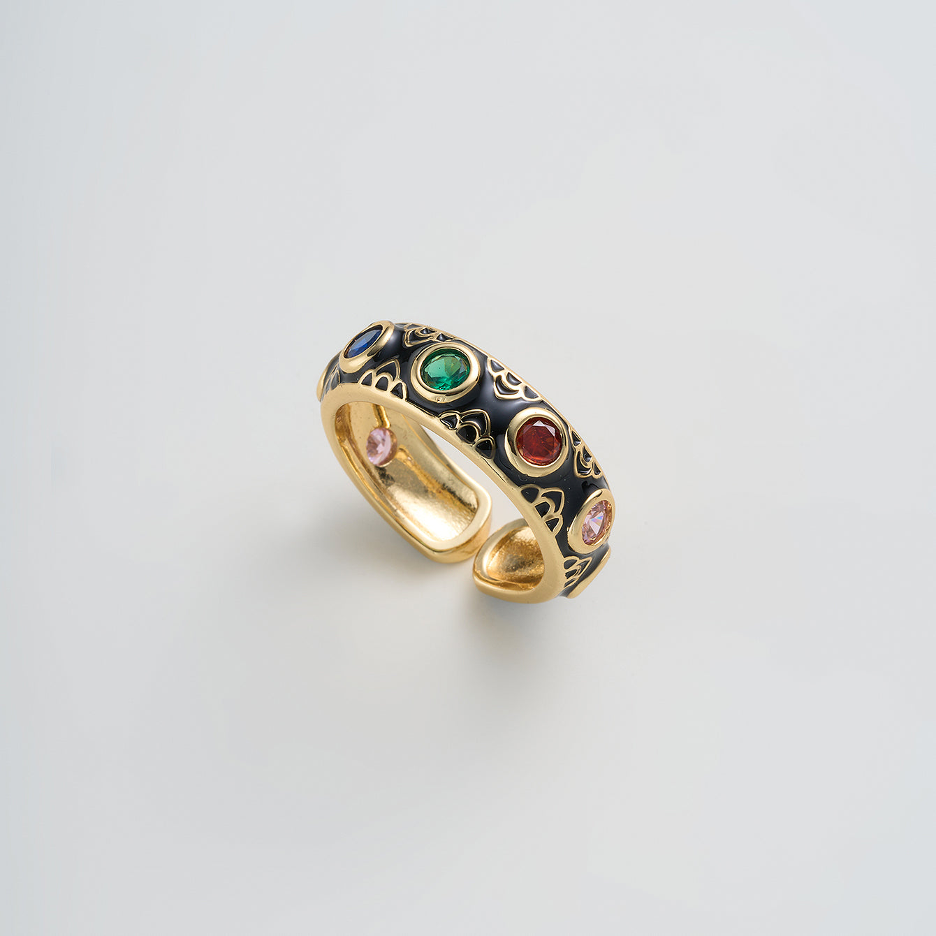 Geometric Enamel Open Rings For Women In Copper With 18K Real Gold Plated Water Plating And Zircon Inlay