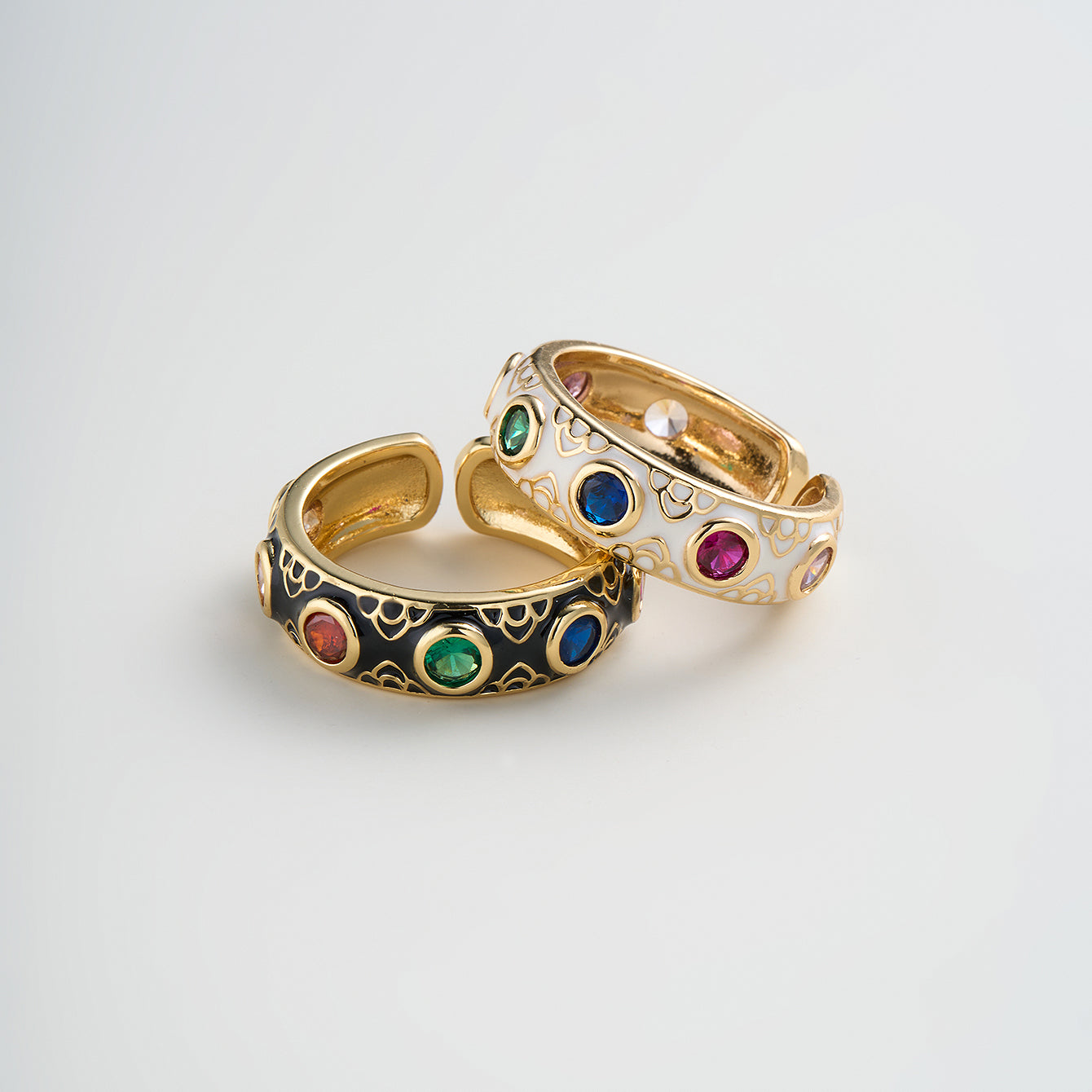 Geometric Enamel Open Rings For Women In Copper With 18K Real Gold Plated Water Plating And Zircon Inlay
