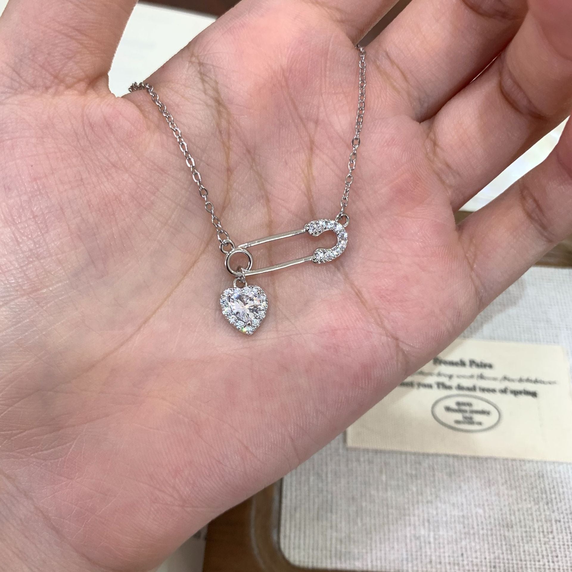 Heart Shape Pendant Necklace For Women In White Titanium Steel With Zircon Inlay And Real Gold Plated Paperclip Chain