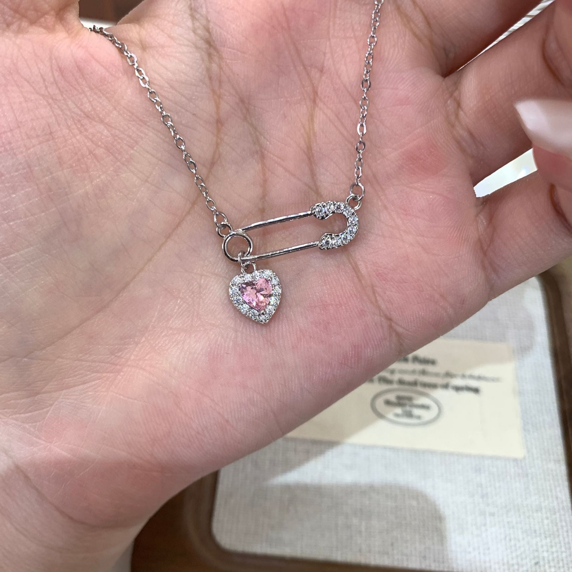 Heart Shape Pendant Necklace For Women In White Titanium Steel With Zircon Inlay And Real Gold Plated Paperclip Chain