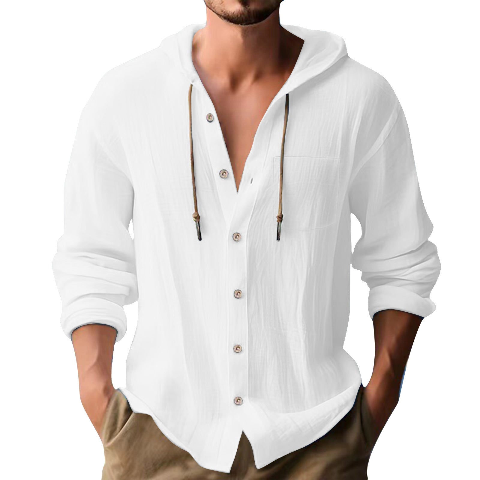 Solid Color Casual Long Sleeve Blouse For Men In Cotton Blends With Hooded Design