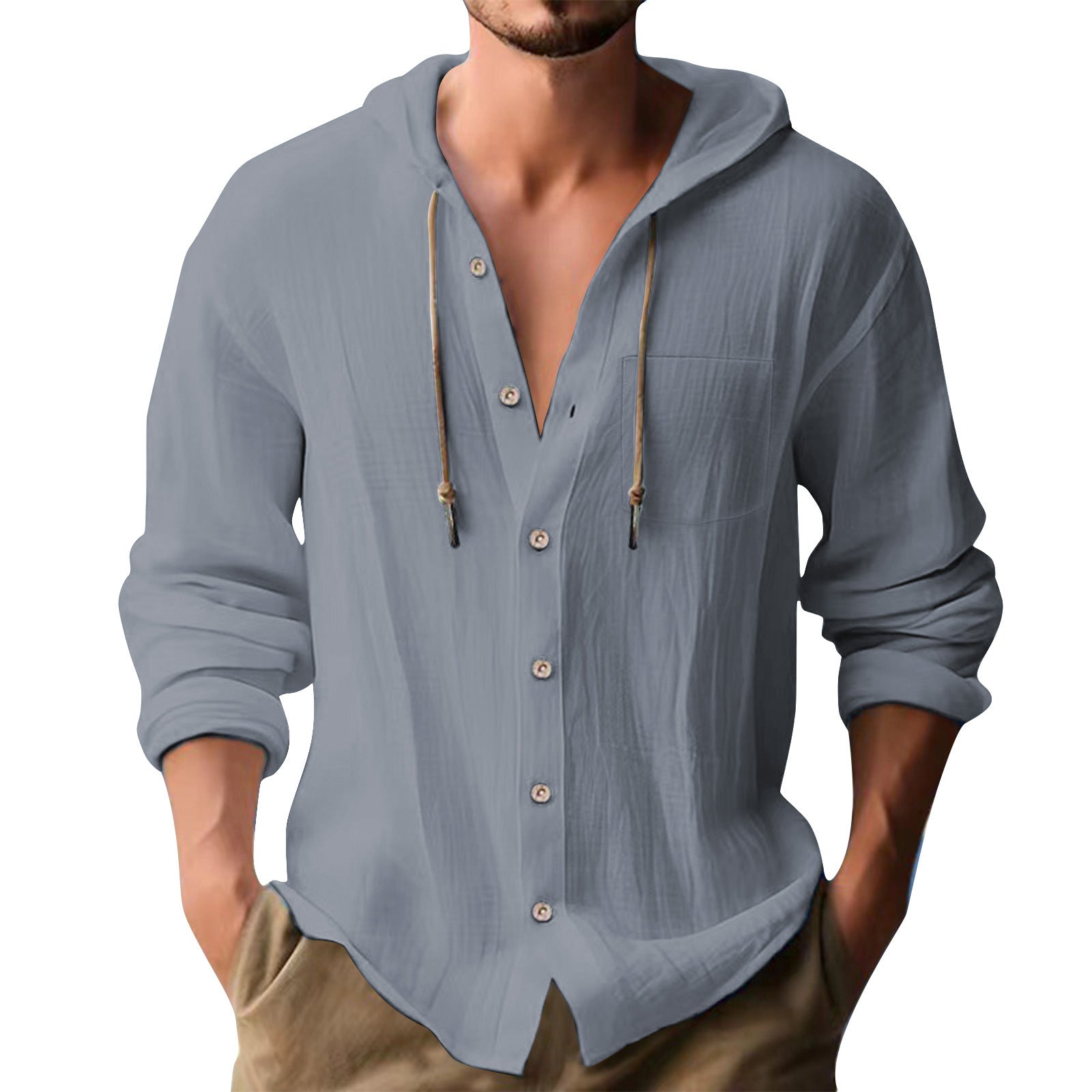Solid Color Casual Long Sleeve Blouse For Men In Cotton Blends With Hooded Design