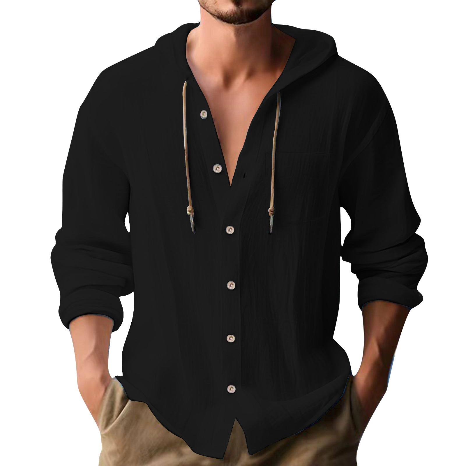 Solid Color Casual Long Sleeve Blouse For Men In Cotton Blends With Hooded Design