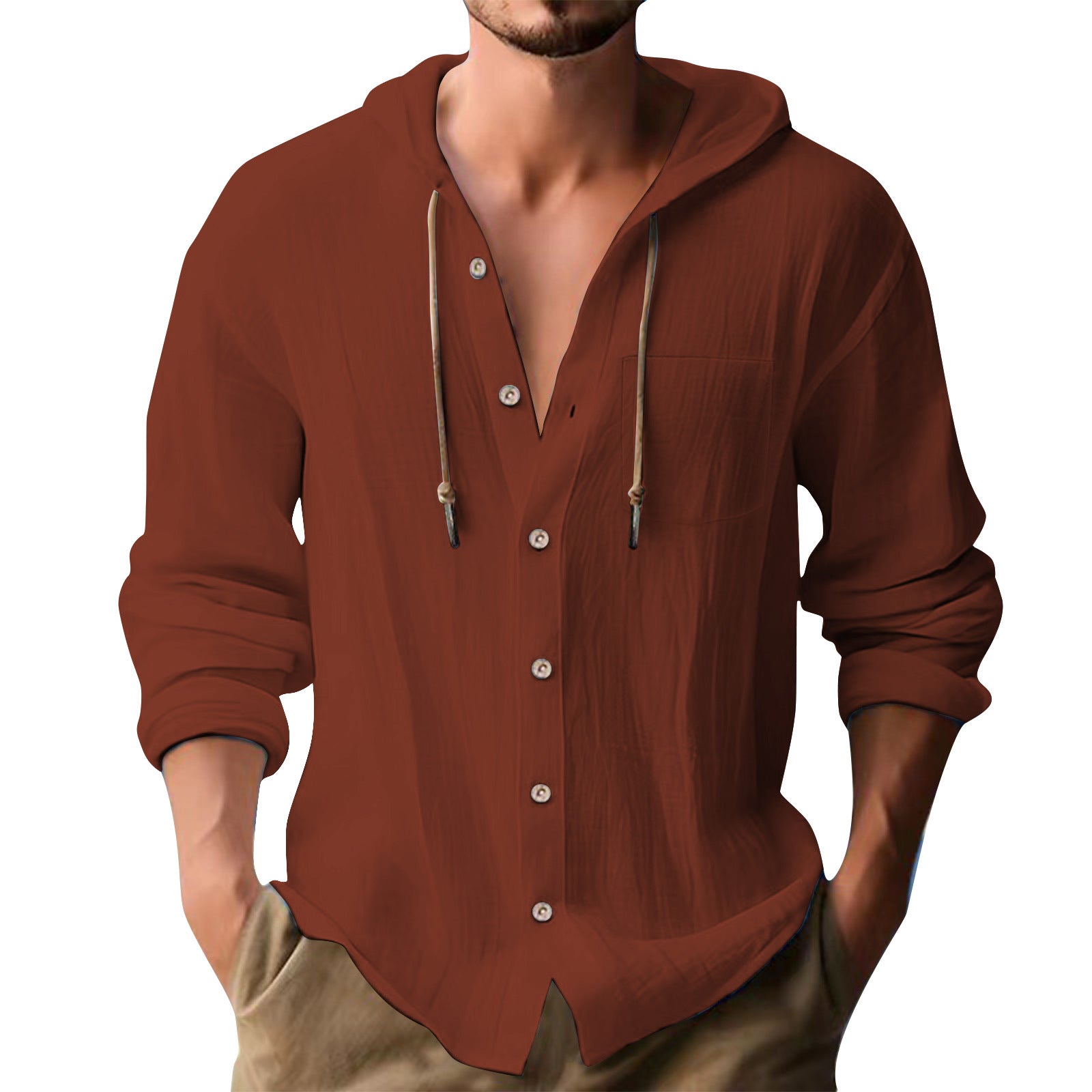 Solid Color Casual Long Sleeve Blouse For Men In Cotton Blends With Hooded Design