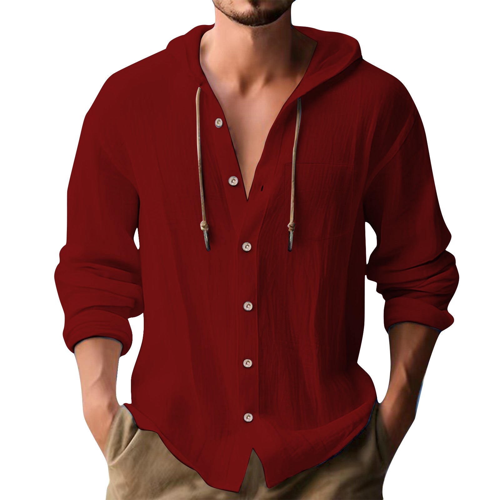 Solid Color Casual Long Sleeve Blouse For Men In Cotton Blends With Hooded Design