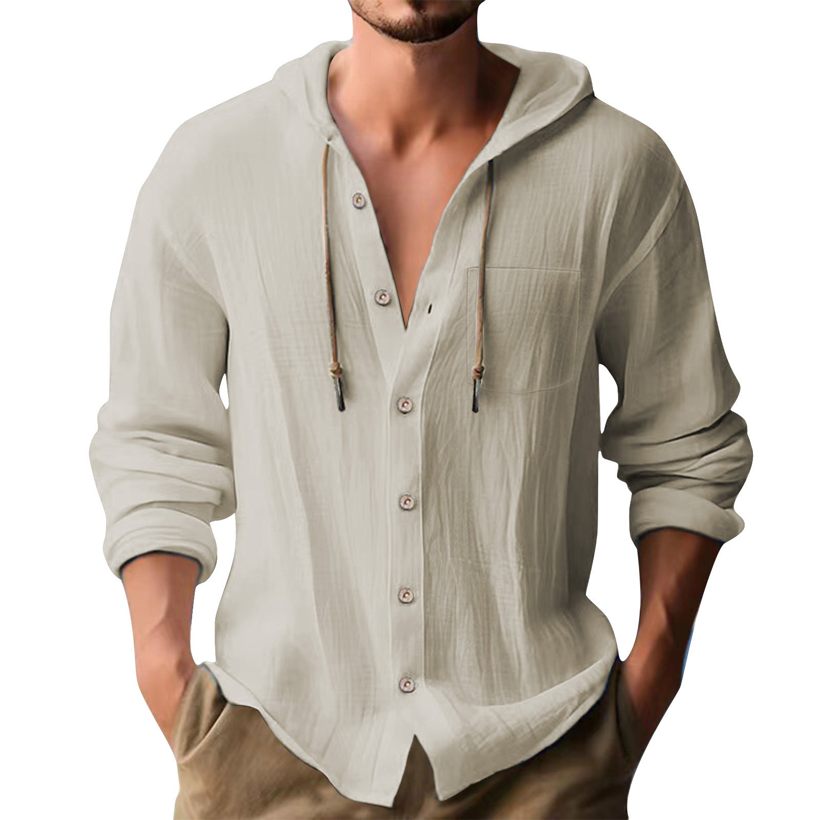 Solid Color Casual Long Sleeve Blouse For Men In Cotton Blends With Hooded Design