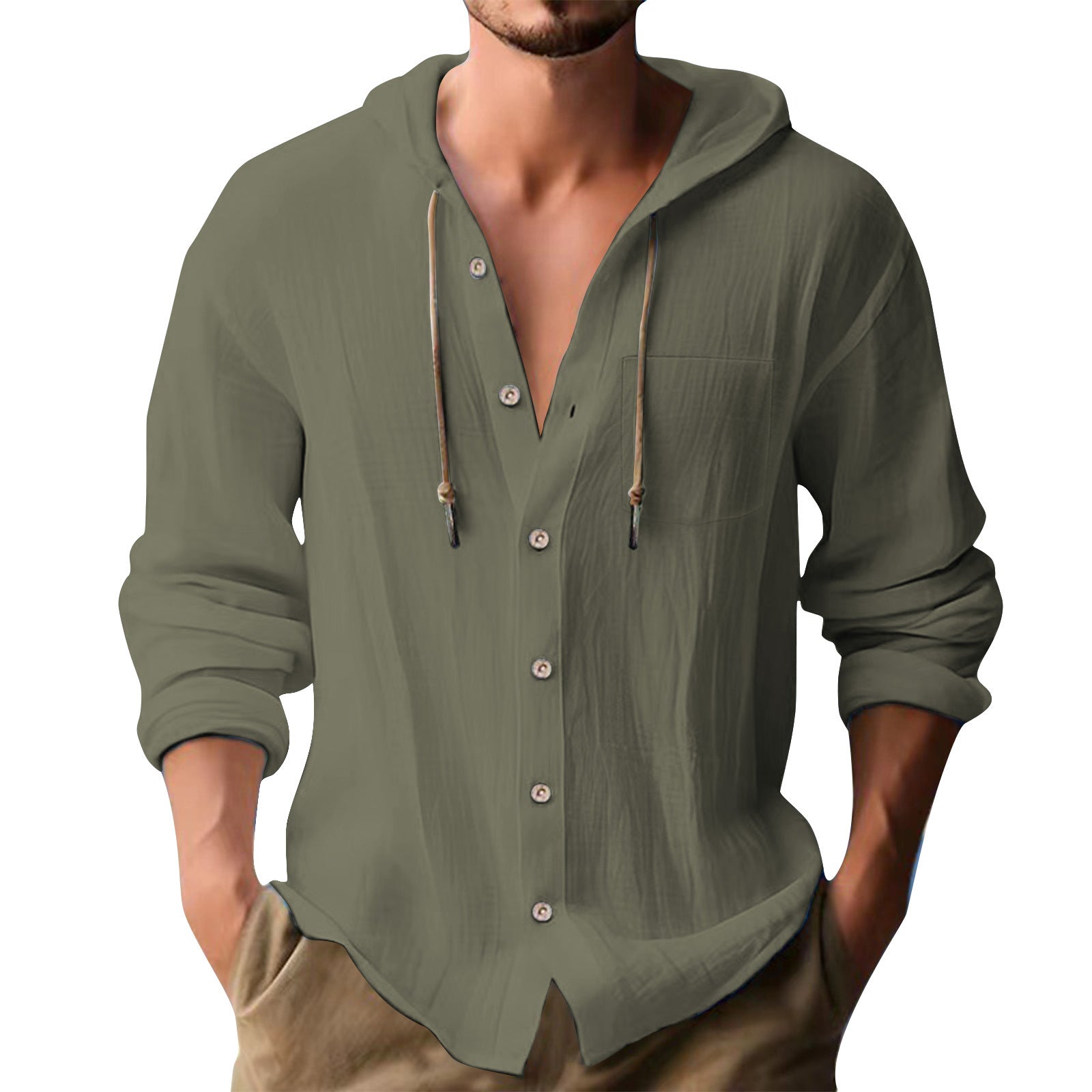 Solid Color Casual Long Sleeve Blouse For Men In Cotton Blends With Hooded Design