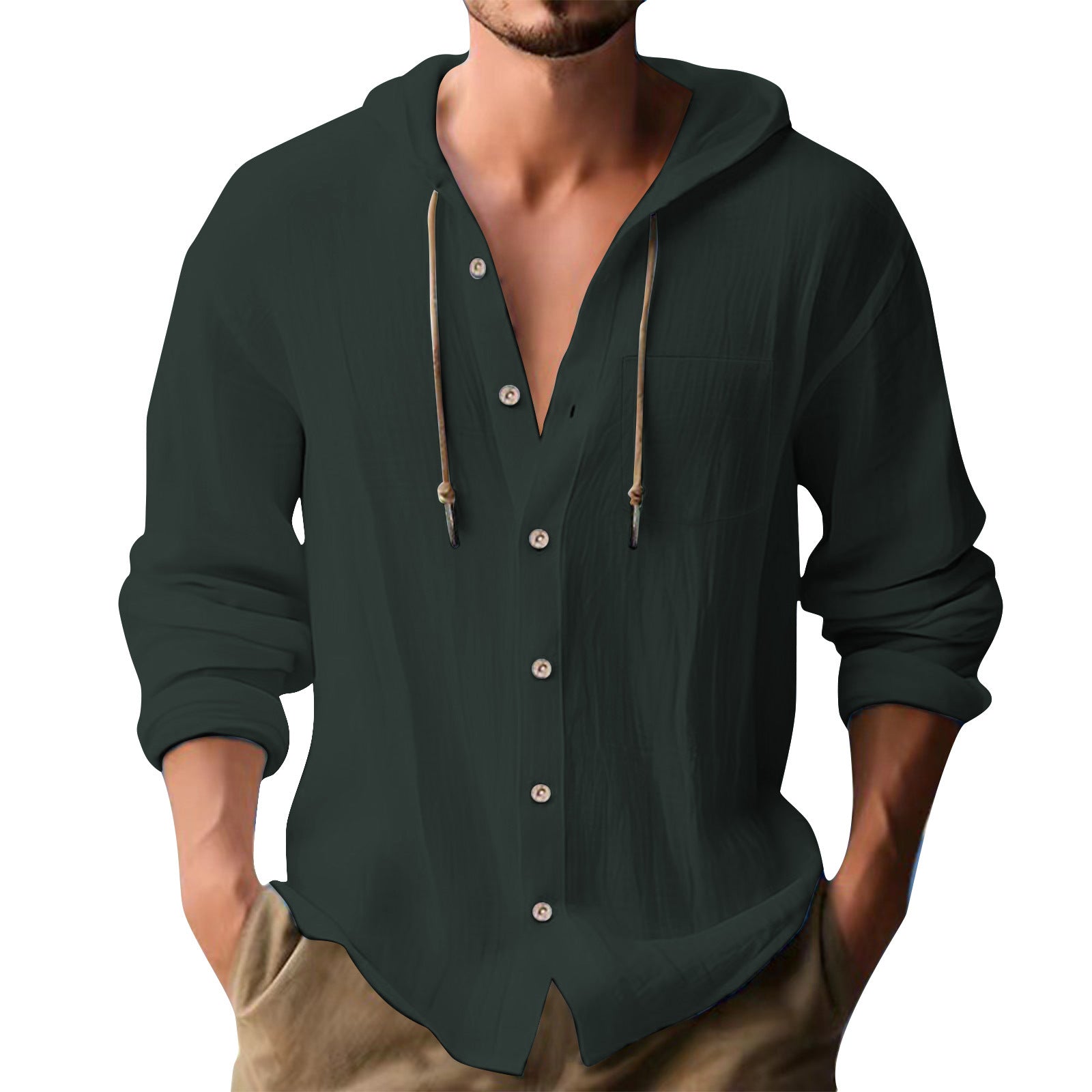 Solid Color Casual Long Sleeve Blouse For Men In Cotton Blends With Hooded Design