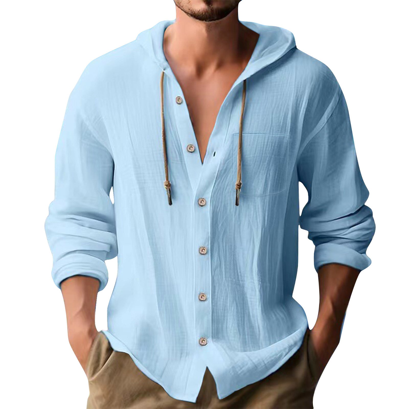 Solid Color Casual Long Sleeve Blouse For Men In Cotton Blends With Hooded Design