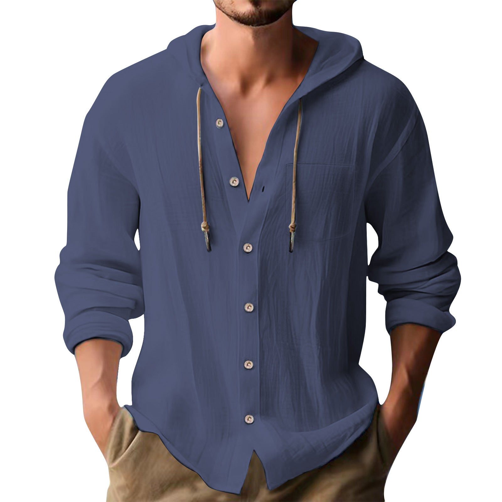 Solid Color Casual Long Sleeve Blouse For Men In Cotton Blends With Hooded Design