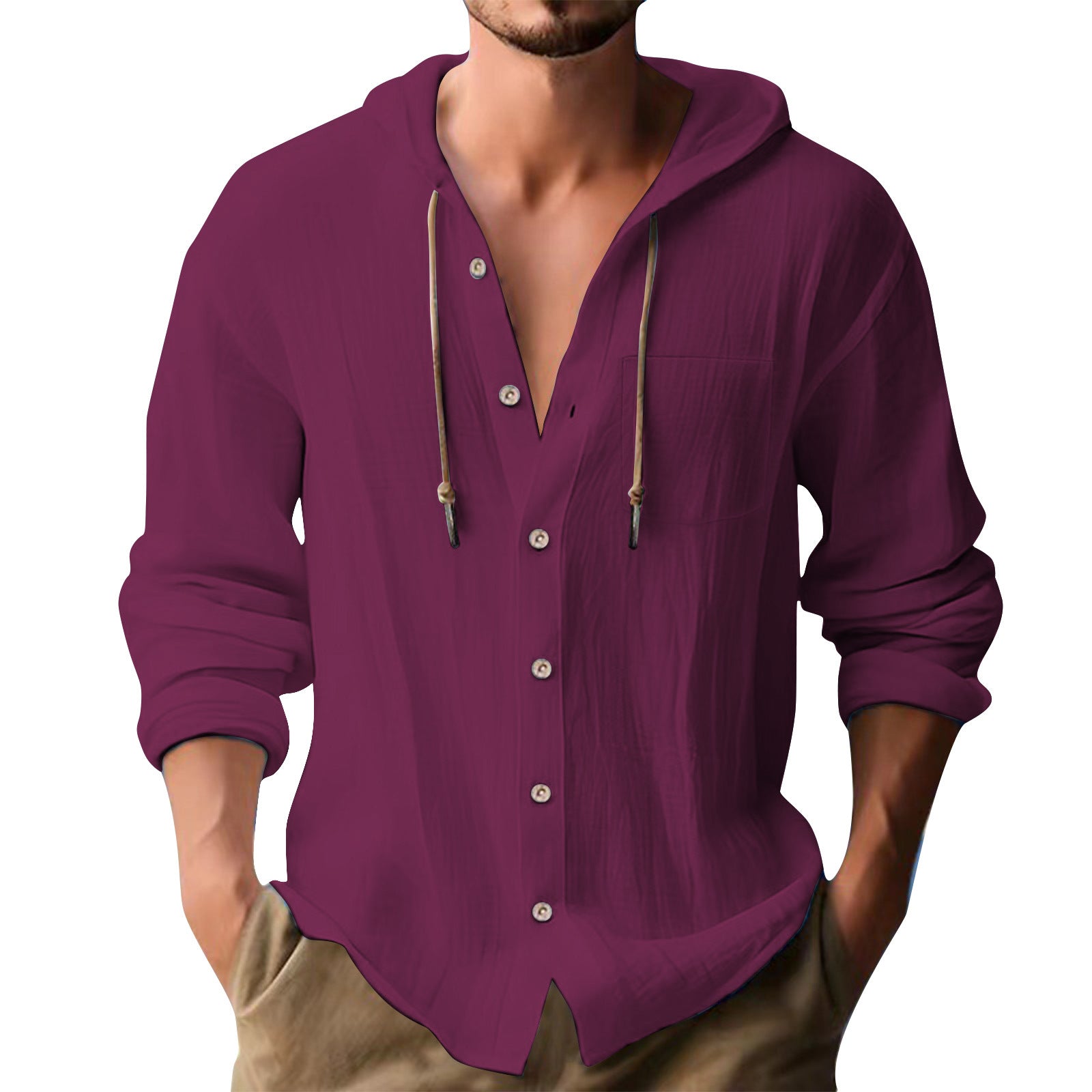 Solid Color Casual Long Sleeve Blouse For Men In Cotton Blends With Hooded Design