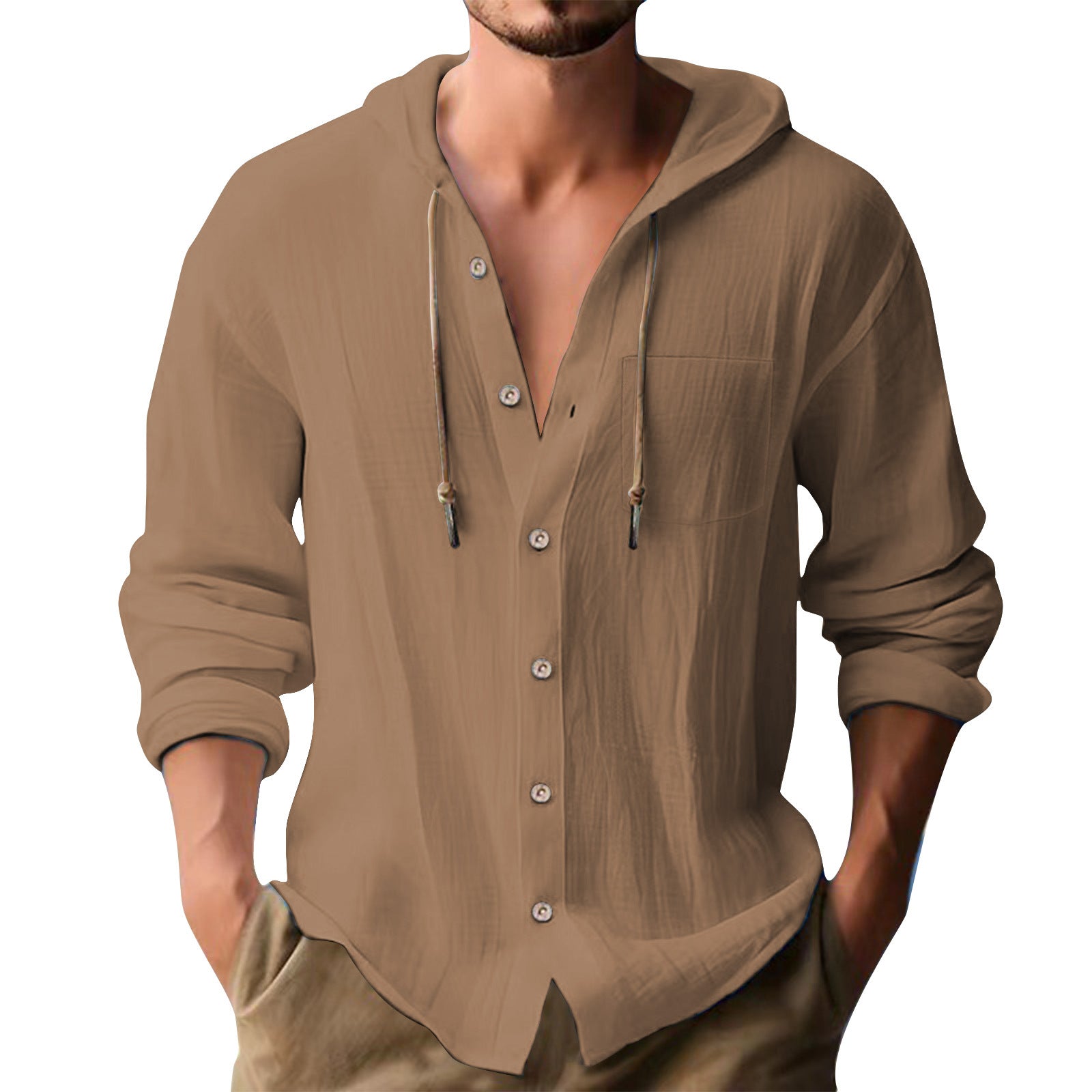 Solid Color Casual Long Sleeve Blouse For Men In Cotton Blends With Hooded Design