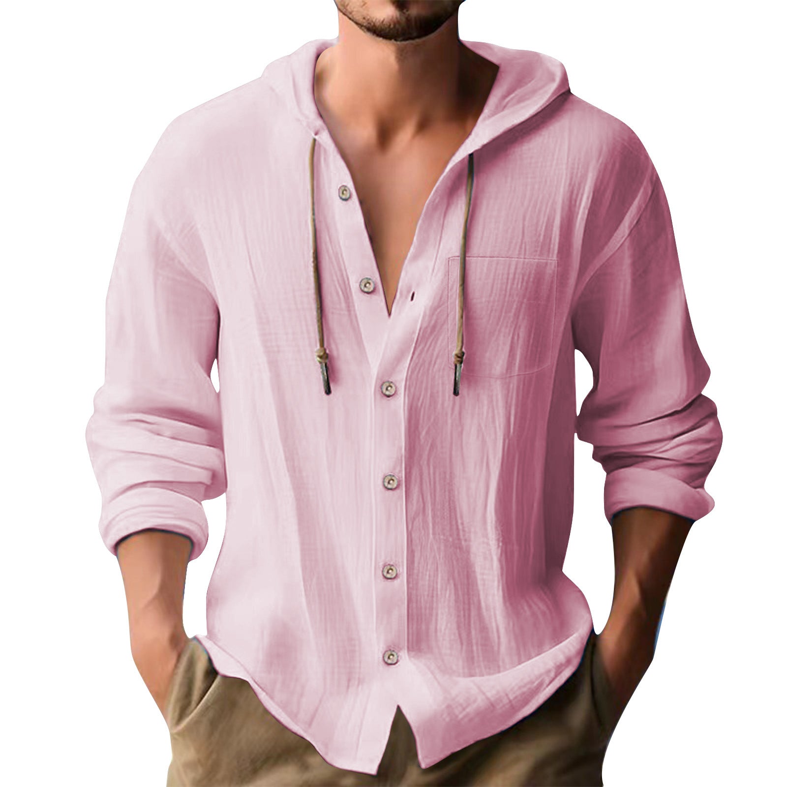 Solid Color Casual Long Sleeve Blouse For Men In Cotton Blends With Hooded Design