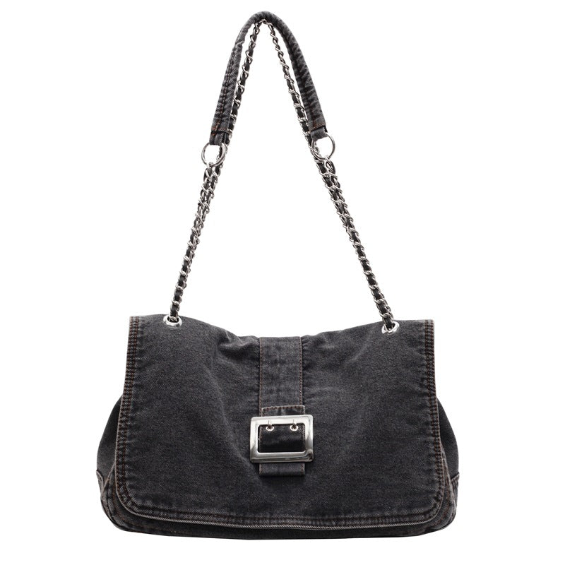 Denim Underarm Bag With Chain Strap For Women, Large Capacity Spring Shoulder Bag