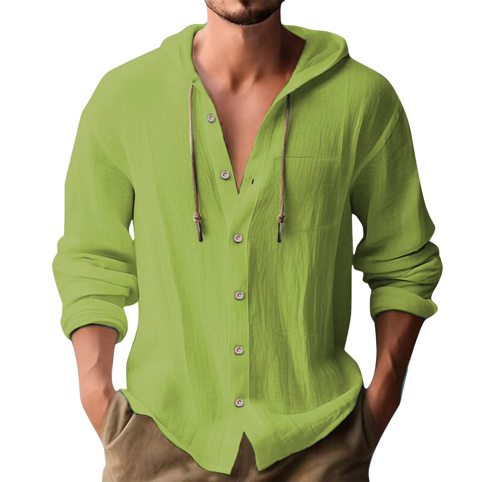 Solid Color Casual Long Sleeve Blouse For Men In Cotton Blends With Hooded Design
