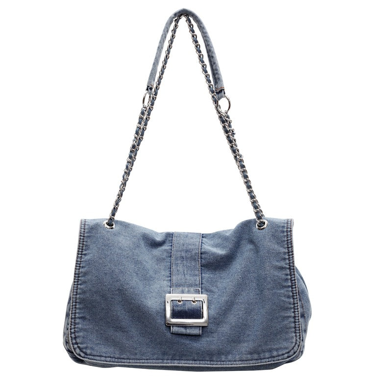 Denim Underarm Bag With Chain Strap For Women, Large Capacity Spring Shoulder Bag
