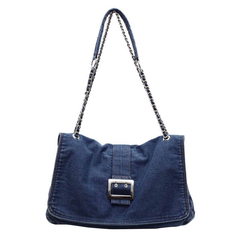 Denim Underarm Bag With Chain Strap For Women, Large Capacity Spring Shoulder Bag