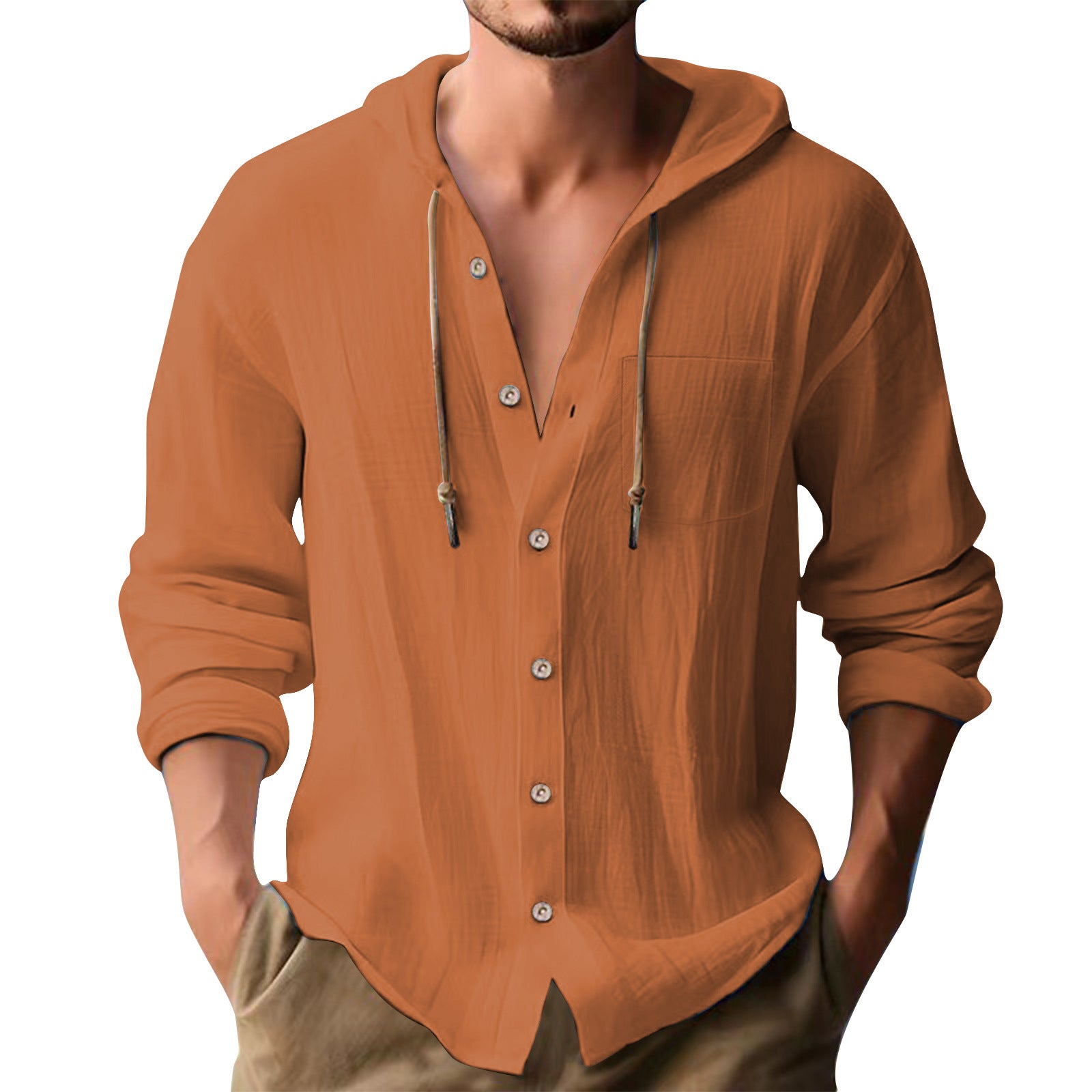 Solid Color Casual Long Sleeve Blouse For Men In Cotton Blends With Hooded Design