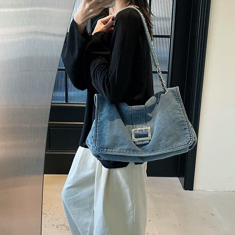Denim Underarm Bag With Chain Strap For Women, Large Capacity Spring Shoulder Bag