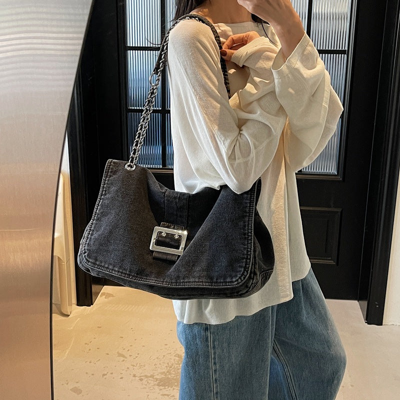Denim Underarm Bag With Chain Strap For Women, Large Capacity Spring Shoulder Bag