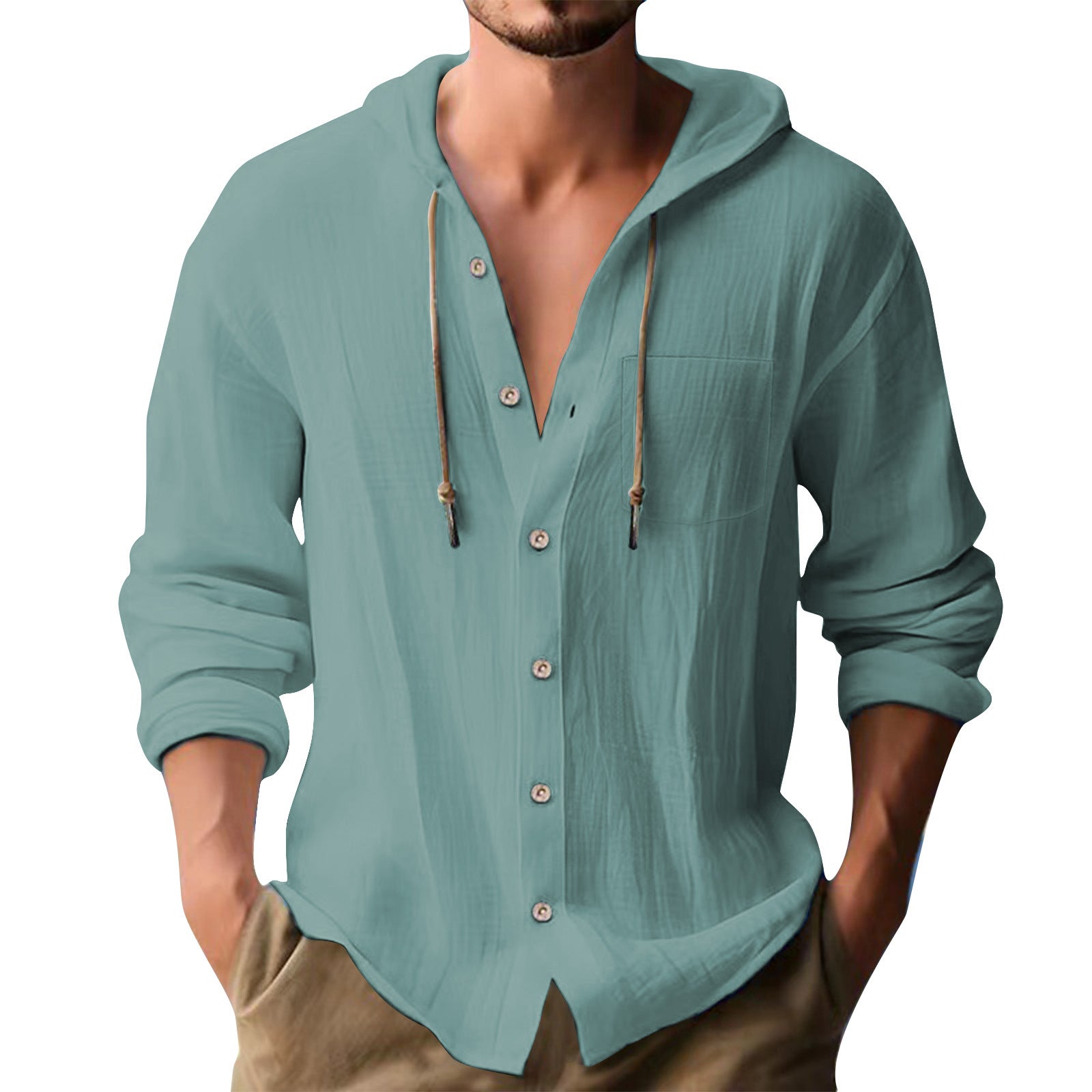 Solid Color Casual Long Sleeve Blouse For Men In Cotton Blends With Hooded Design