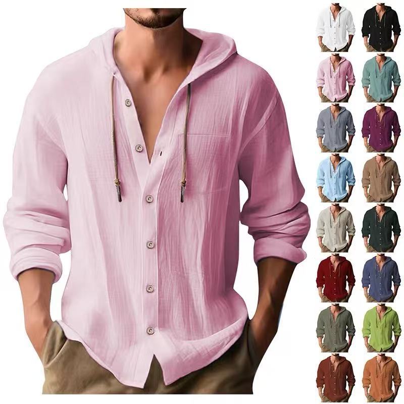 Solid Color Casual Long Sleeve Blouse For Men In Cotton Blends With Hooded Design