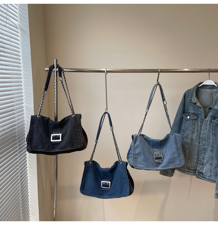 Denim Underarm Bag With Chain Strap For Women, Large Capacity Spring Shoulder Bag