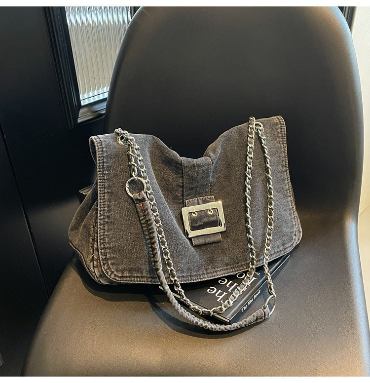 Denim Underarm Bag With Chain Strap For Women, Large Capacity Spring Shoulder Bag