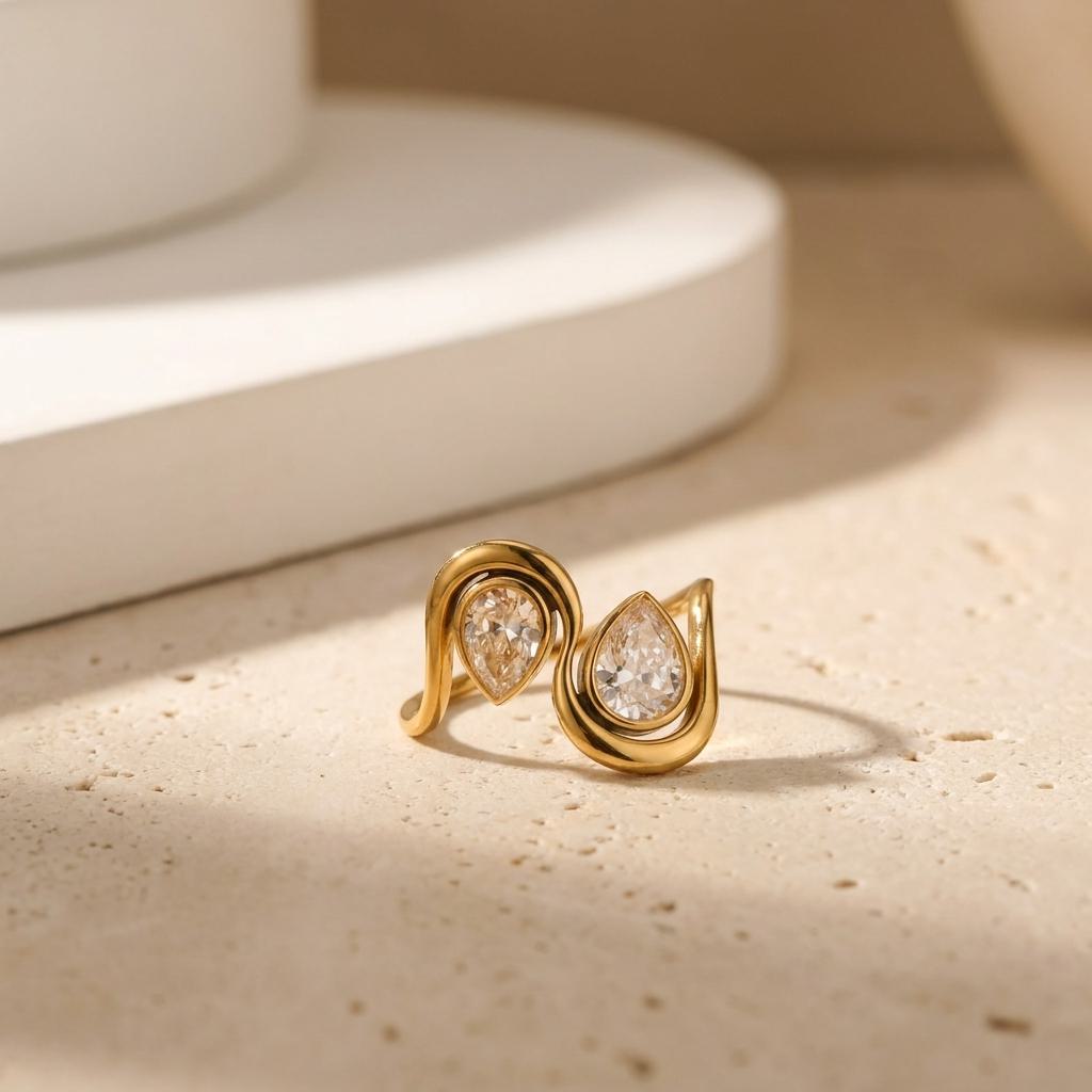 Geometric Electroplated Rings For Women In 304 Stainless Steel With 18K Real Gold PVD Coating And Artificial Pearl Inlay