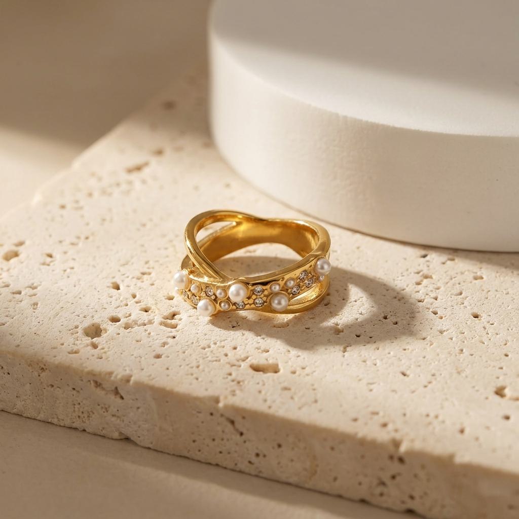 Geometric Electroplated Rings For Women In 304 Stainless Steel With 18K Real Gold PVD Coating And Artificial Pearl Inlay