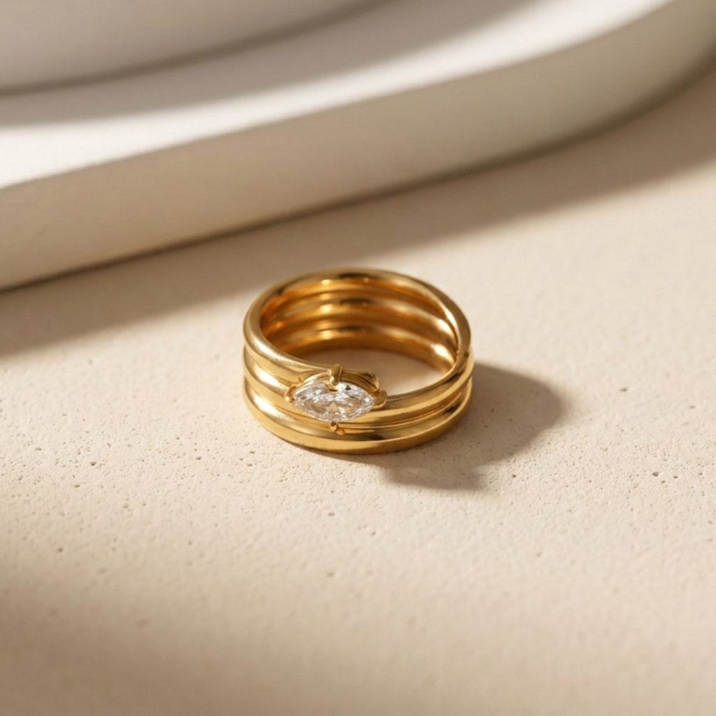 Geometric Electroplated Rings For Women In 304 Stainless Steel With 18K Real Gold PVD Coating And Artificial Pearl Inlay