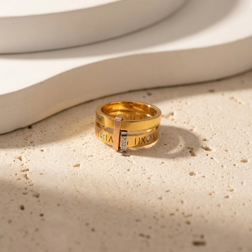 Geometric Electroplated Rings For Women In 304 Stainless Steel With 18K Real Gold PVD Coating And Artificial Pearl Inlay