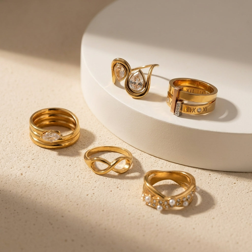Geometric Electroplated Rings For Women In 304 Stainless Steel With 18K Real Gold PVD Coating And Artificial Pearl Inlay