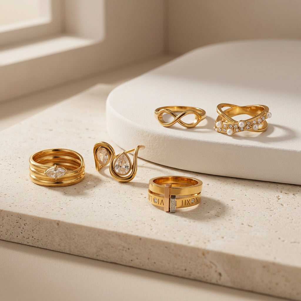 Geometric Electroplated Rings For Women In 304 Stainless Steel With 18K Real Gold PVD Coating And Artificial Pearl Inlay